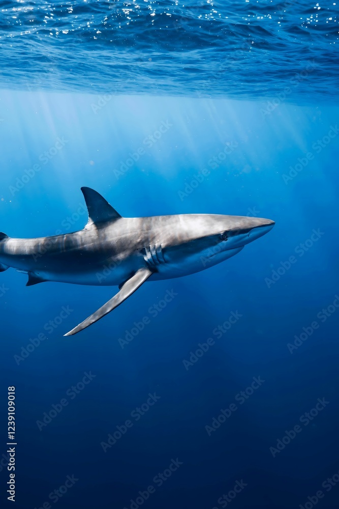 Naklejka premium A shark swims gracefully through the deep blue ocean, illuminated by a shaft of sunlight penetrating the water's surface.