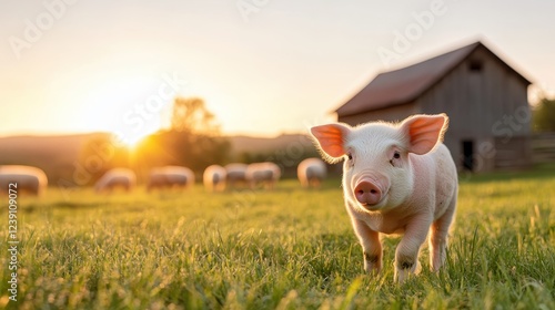 A playful pink pig roams freely in a sunlit meadow, contrasting perfectly with the golden hues of sunset, encapsulating the essence of pastoral life and joy.