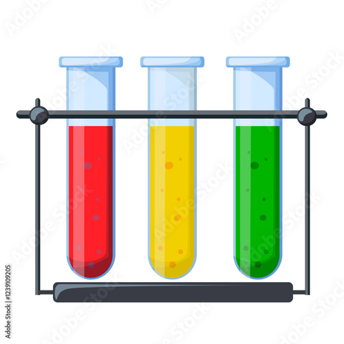 three flasks with yellow red and green liquid