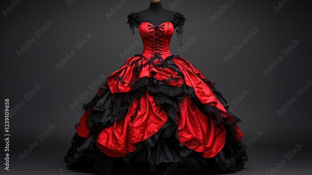 Red and black ball gown on mannequin, dark background, fashion photography, website use Red and black ball gown on mannequin, dark background, fashion photography, website use