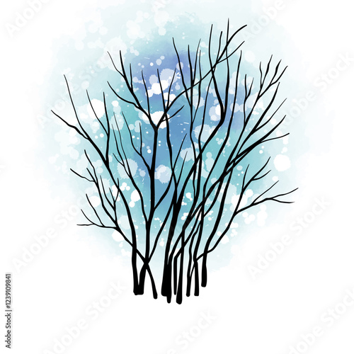 Leafless winter bush. Hand drawn sketch. Line art. Black and white design element on blue background. Isolated. Tattoo image.