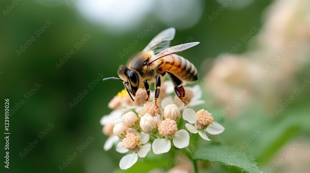 Bee pollinating flower, garden, nature, blurred background, for nature websites Bee pollinating flower, garden, nature, blurred background, for nature websites