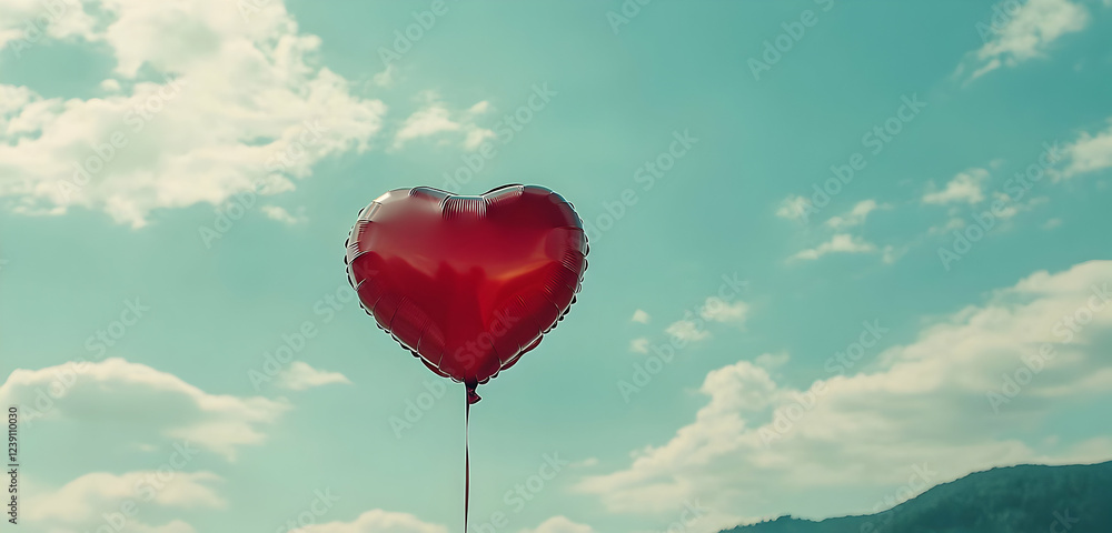Fototapeta premium A red heart-shaped balloon floating in the air, ideal for Valentinea??s Day or a romantic celebration, isolated against a clean background.