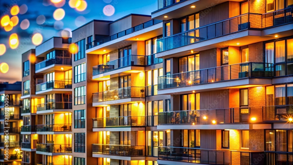 Obraz premium Modern Apartment Building Facade, Bokeh Lights, Evening, Cityscape, Architecture