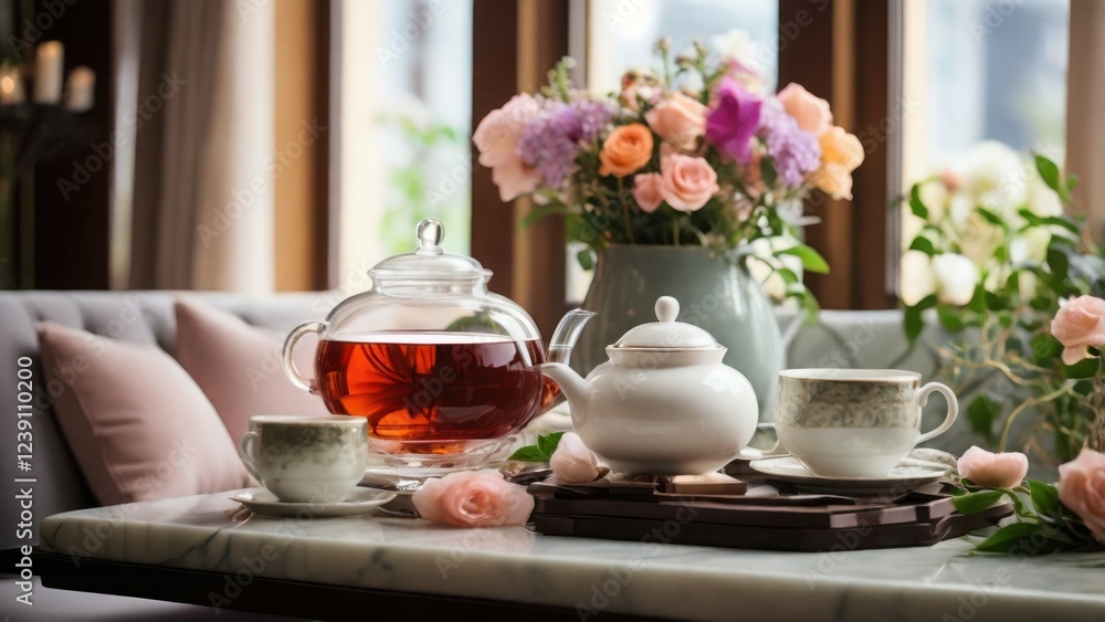 Herbal Tea in Luxurious Spa Lounge with Soft Light and Fresh Flowers Herbal Tea in Luxurious Spa Lounge with Soft Light and Fresh Flowers