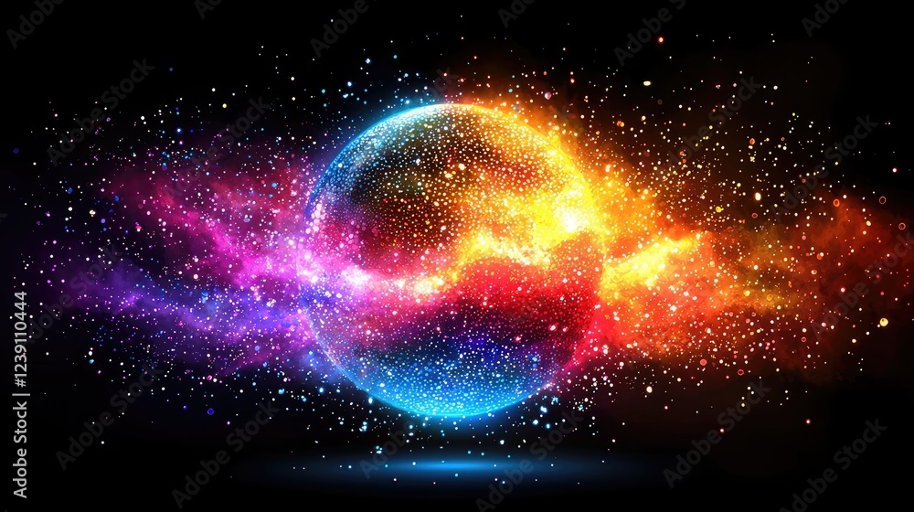 Obraz premium A vibrant cosmic sphere explodes in colorful nebula dust
