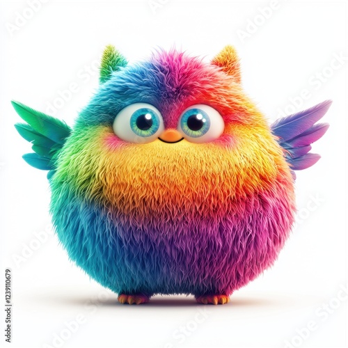 Round, chubby monster with rainbow-colored fur and tiny wings, isolated on white background