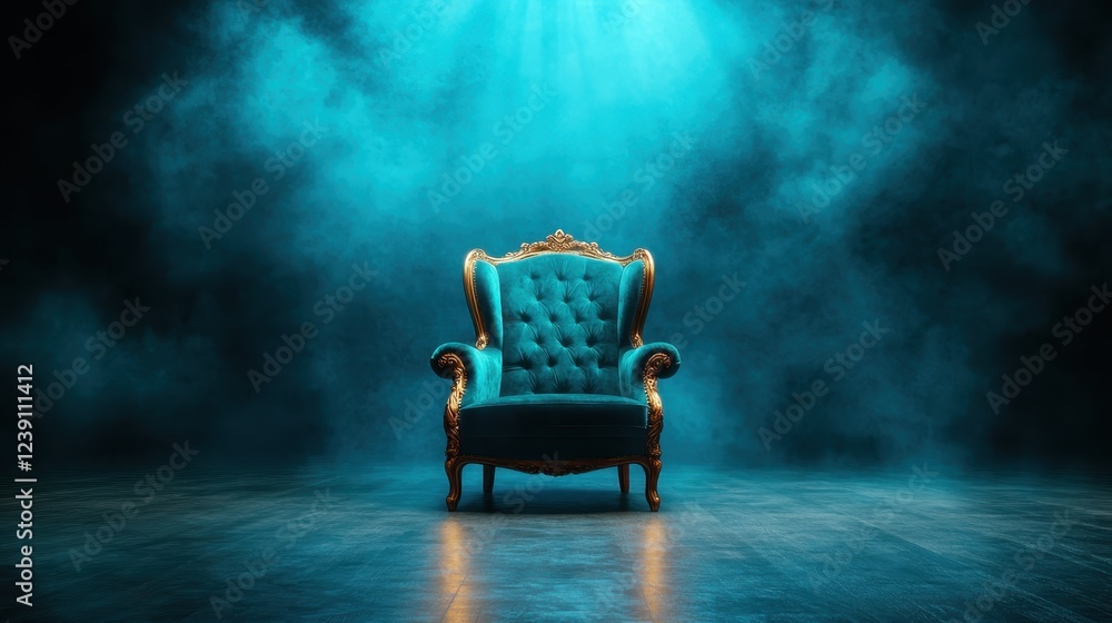 This stunning image features a luxurious velvet chair illuminated by dramatic blue lighting, creating a captivating and mystical atmosphere ideal for artistic settings. This stunning image features a luxurious velvet chair illuminated by dramatic blue lighting, creating a captivating and mystical atmosphere ideal for artistic settings.