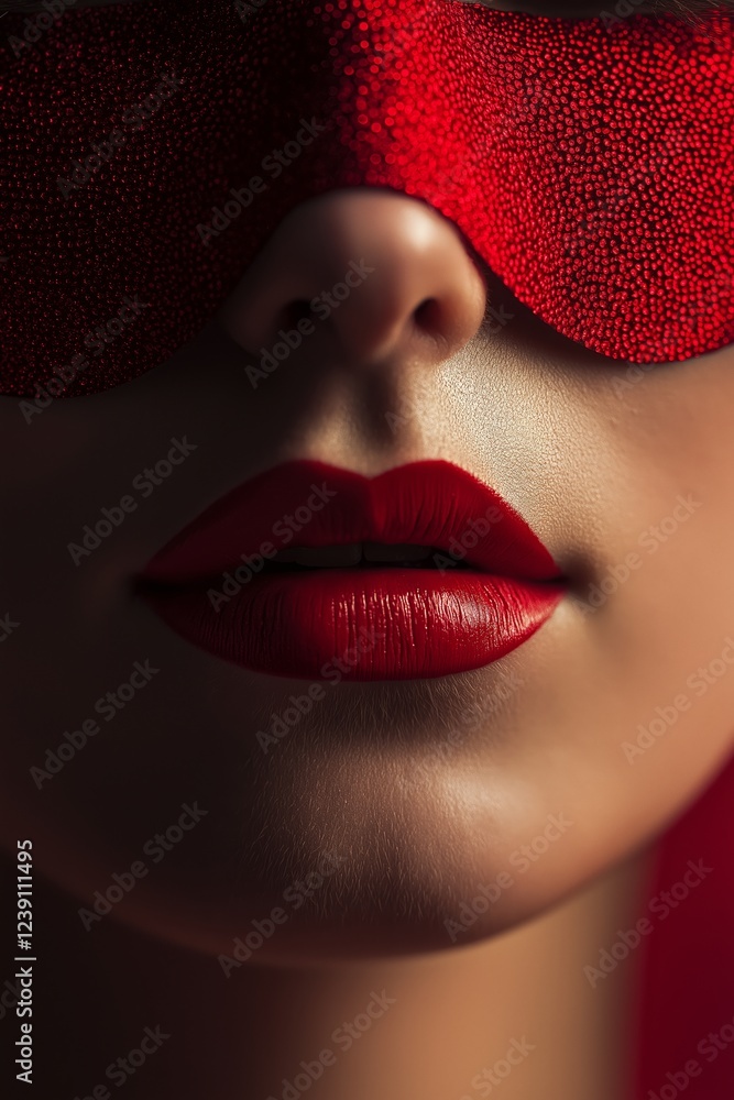 Obraz premium A close-up image focusing on glossy red lips partially covered by a sparkling red mask, creating intrigue.