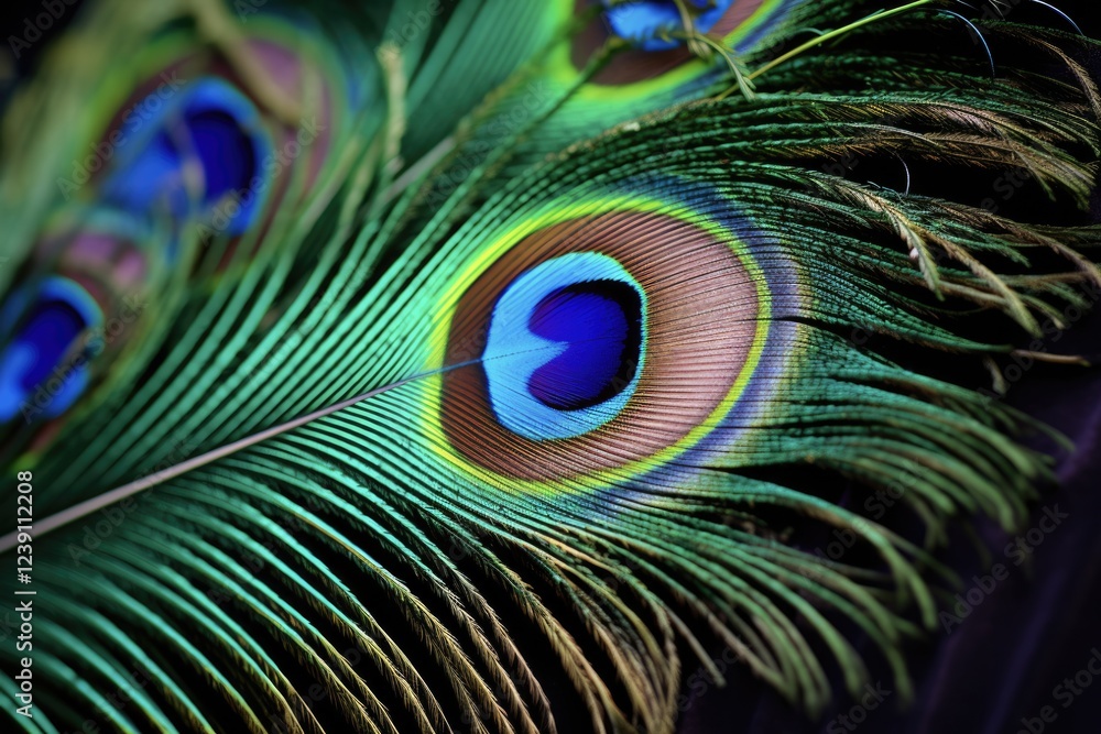 Obraz premium Closeup of Stunning Peacock Feather in Teal, Blue, Green and Purple Colors: San Antonio, Texas, US