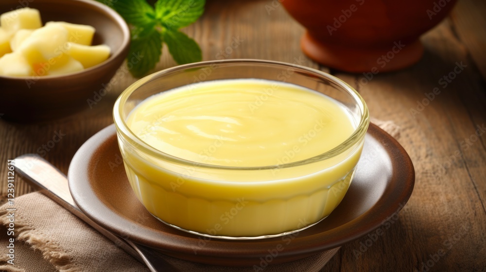 Creamy Vanilla Custard Pudding in a Rustic Bowl on Yellow Background. Perfect for Cooking and Cookery Creamy Vanilla Custard Pudding in a Rustic Bowl on Yellow Background. Perfect for Cooking and Cookery