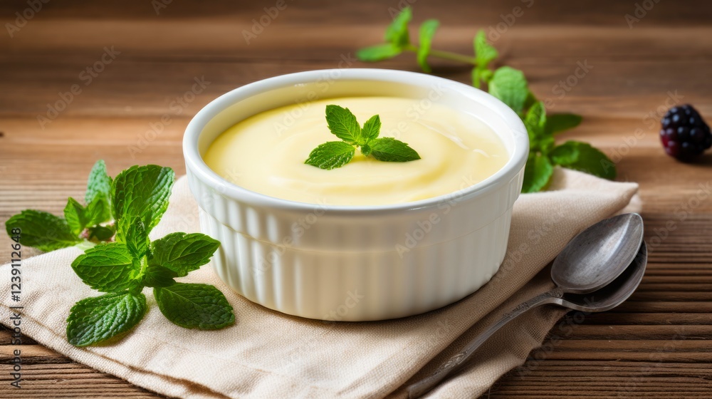Creamy Vanilla Custard Pudding in a Yellow Bowl on a Rustic Cooking Background Creamy Vanilla Custard Pudding in a Yellow Bowl on a Rustic Cooking Background
