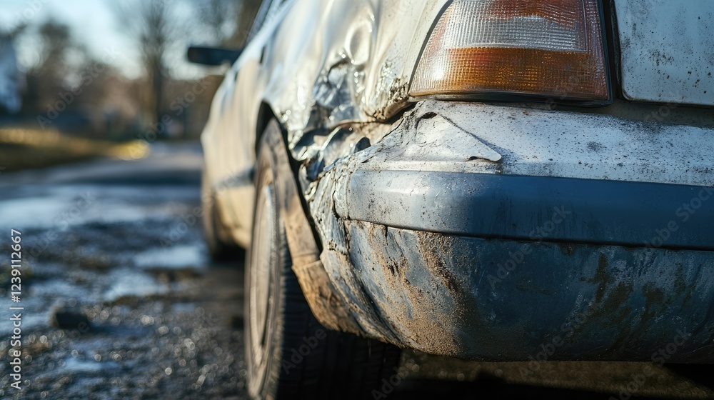 Scratched and dented rear bumper of a car with a broken tail light, parked on the roadside. Scratched and dented rear bumper of a car with a broken tail light, parked on the roadside.