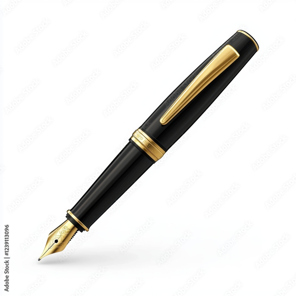 Sleek black fountain pen with golden accents isolated on white background Sleek black fountain pen with golden accents isolated on white background
