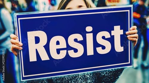 resist concept. A protester holds a sign reading 