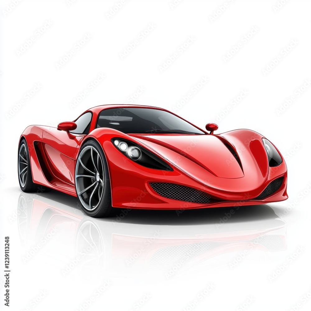 Fototapeta premium Sleek red sports car with aerodynamic curves, isolated on white background