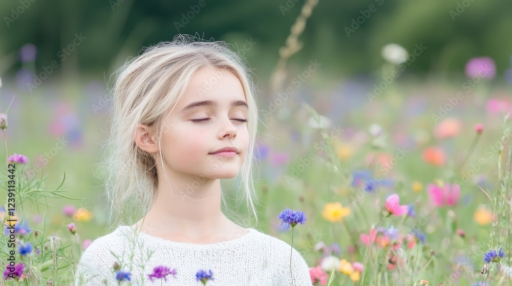 Girl peacefully meditating in vibrant flower field Girl peacefully meditating in vibrant flower field