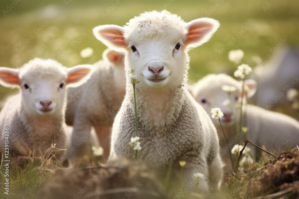 Cute Sheep and Lambs Grazing on Green Pastures: An AI-Generated Farm Scene Cute Sheep and Lambs Grazing on Green Pastures: An AI-Generated Farm Scene
