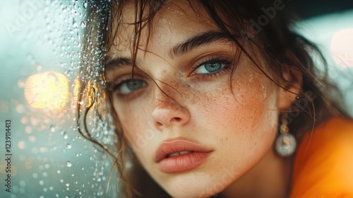 A mesmerizing portrait of a young woman with beautiful blue eyes and wet hair, peering through a rainy window that creates an emotionally charged and intimate atmosphere. photo