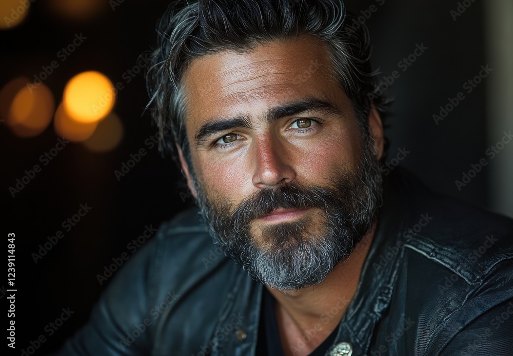 Charming portrait of confident man with beard in leather jacket showcasing deep gaze and captivating expression, perfect for lifestyle and fashion themes Charming portrait of confident man with beard in leather jacket showcasing deep gaze and captivating expression, perfect for lifestyle and fashion themes