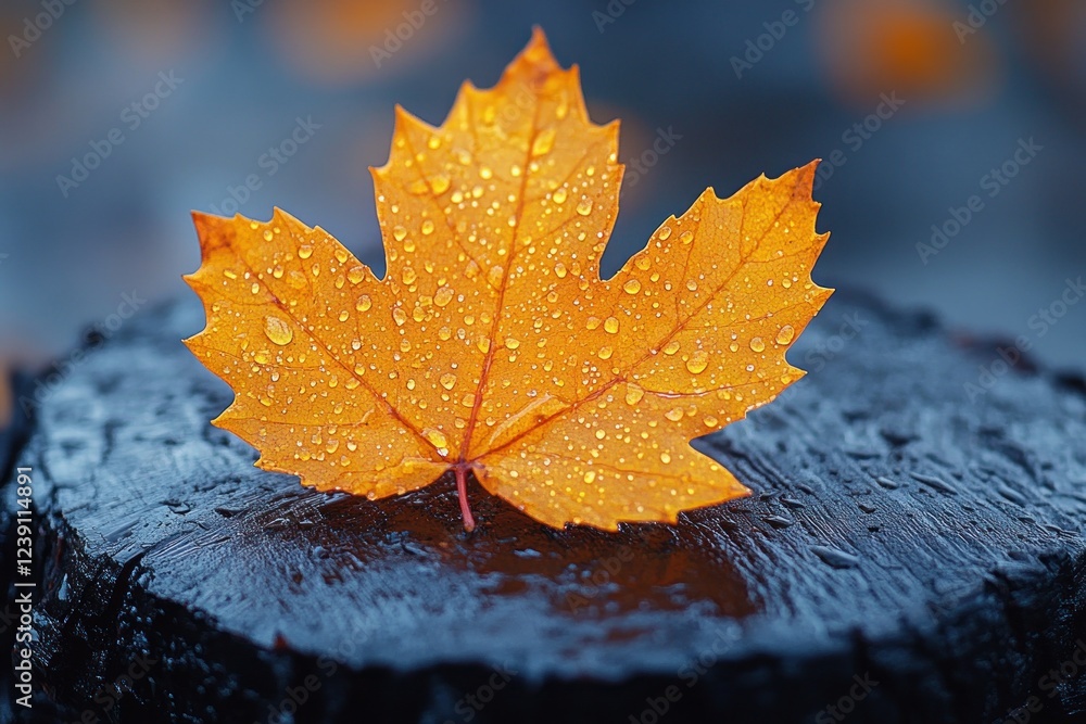 Vibrant Orange Maple Leaf on Dark Log in Soft Focus with Dew Drops in Dreamy Atmosphere Vibrant Orange Maple Leaf on Dark Log in Soft Focus with Dew Drops in Dreamy Atmosphere