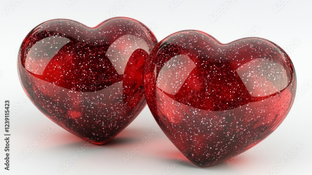 Fototapeta premium Two Red Glitter Hearts on White Background
