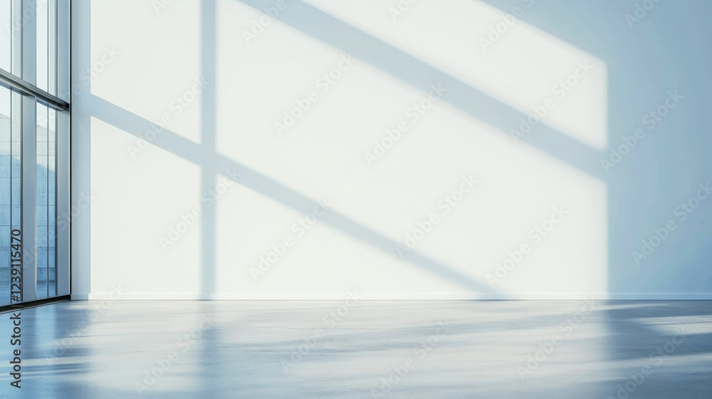 Bright and spacious office with featureless white wall and natural light during daytime Bright and spacious office with featureless white wall and natural light during daytime