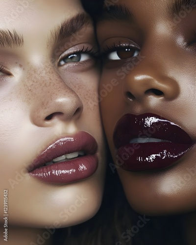 tudio shot of two attractive young women posing, stunning natural beauty, full glam makep. Flawless beauty, advertising, skincare commercial. Generative AI. photo