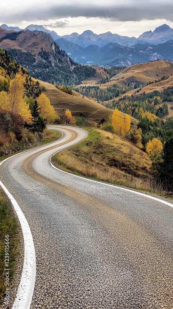 Fototapeta premium Serene Autumnal Road Winding Through Majestic Mountains