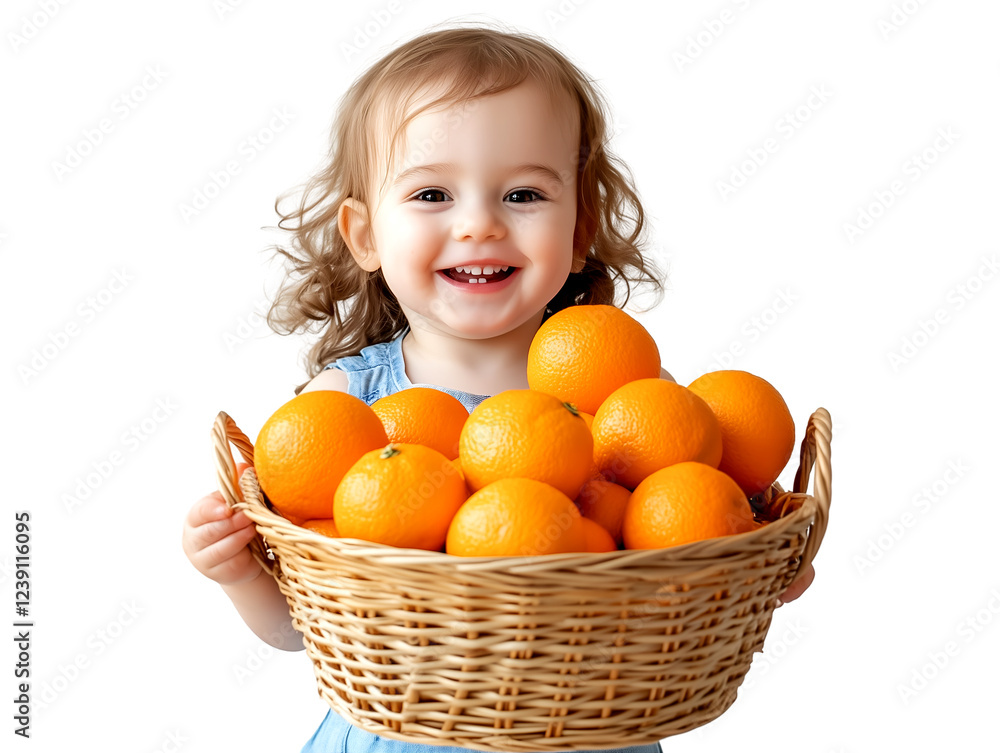 Smiling toddler holding a basket of fresh, juicy oranges, radiating happiness, health, and vitality, isolated on transparent background, PNG, cut out Smiling toddler holding a basket of fresh, juicy oranges, radiating happiness, health, and vitality, isolated on transparent background, PNG, cut out