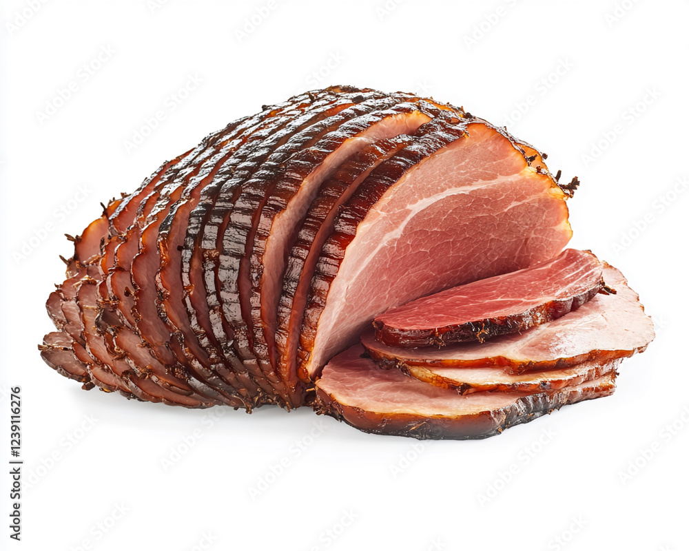 Sliced smoked ham arranged artistically on a white background showcasing its rich color and texture perfect for festive meals and gatherings Sliced smoked ham arranged artistically on a white background showcasing its rich color and texture perfect for festive meals and gatherings
