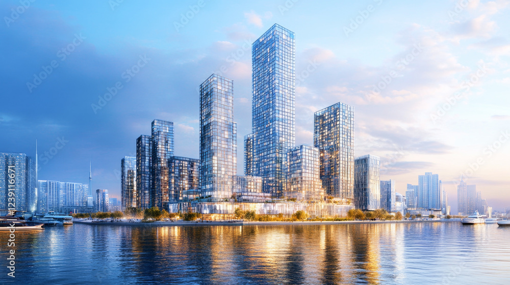 Fototapeta premium Stunning skyline of a European business district with modern glass skyscrapers and waterfront views