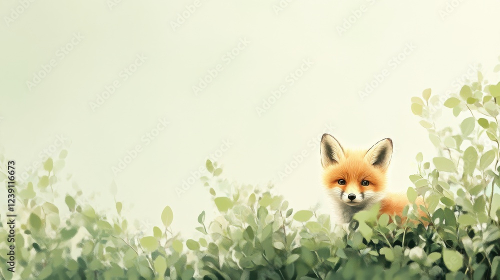 Obraz premium Fox cub peeking through greenery in serene natural setting with soft focus