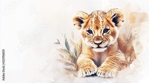 Adorable lion cub resting, savannah background, wildlife art, nature print photo