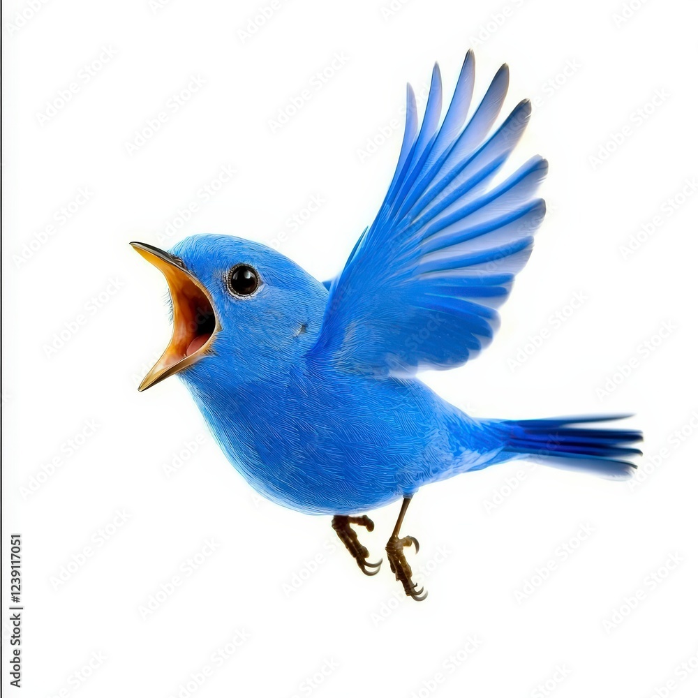 Obraz premium Vibrant Blue Bird in Mid-Flight with Open Beak and Outstretched Wings
