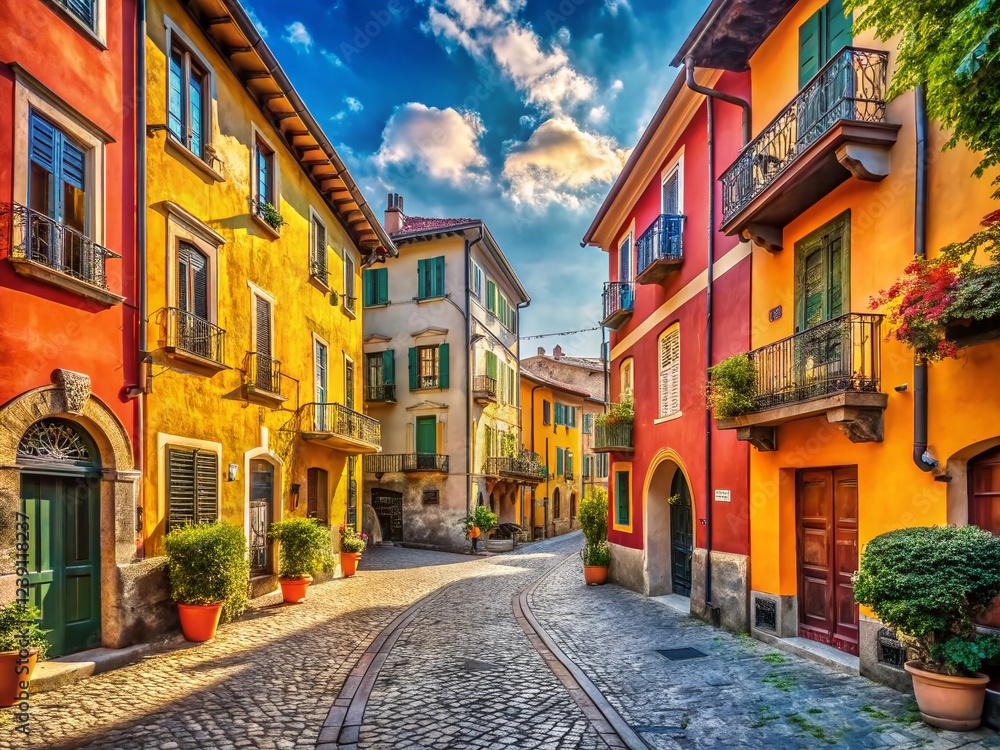 Fototapeta premium Monza Italy Street View: Charming Buildings & Cobblestone Road - Stock Photo