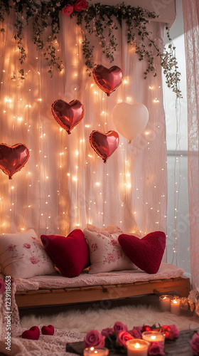 A dreamy Valentine’s Day decorated room with heart-shaped balloons, plush cushions, and bokeh lighting.