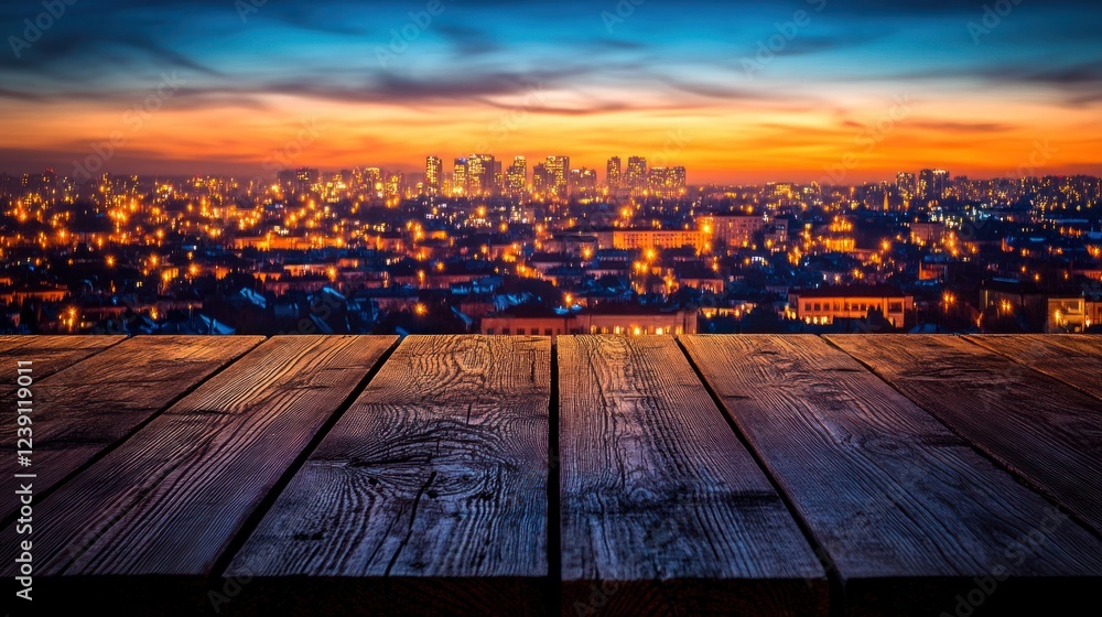 A stunning view showcases a city skyline bathed in sunset hues with twinkling lights below A stunning view showcases a city skyline bathed in sunset hues with twinkling lights below