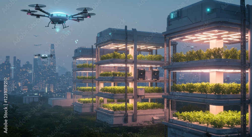 Obraz premium Eco-Friendly Urban Agriculture: Futuristic drone hovers above vertical farms in a city, symbolizing innovative sustainable food production methods