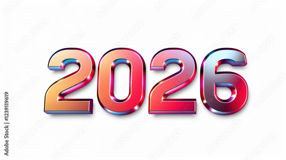 Futuristic 2026 metallic typography with glossy 3D design isolated on white background.. Futuristic 2026 metallic typography with glossy 3D design isolated on white background..