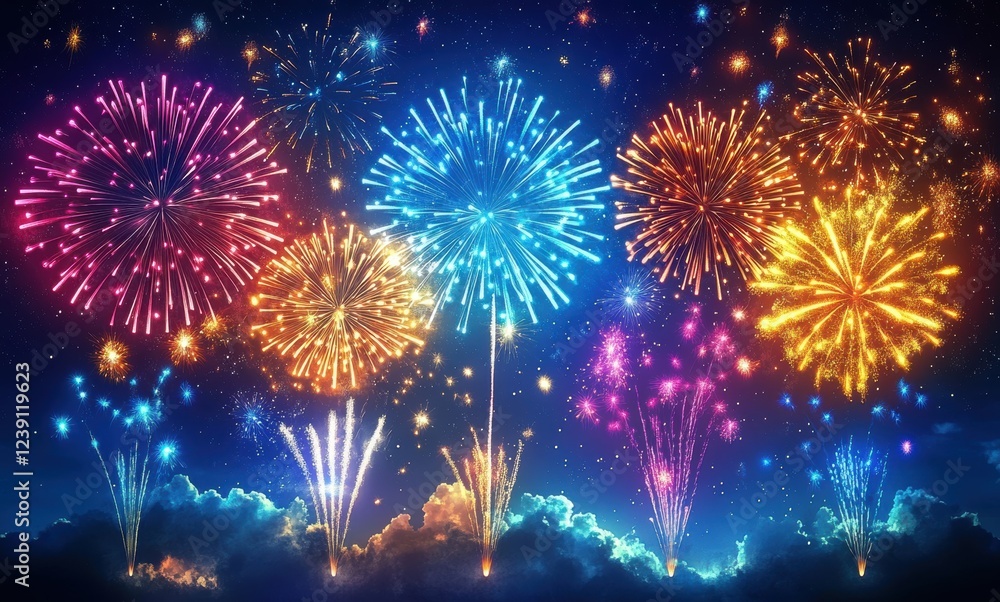 Fototapeta premium Colorful Fireworks Display Over Cloudy Night Sky with Vibrant Sparks and Glittering Lights Celebrating Events and Festivals in a Beautiful Scene