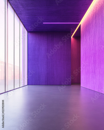 Modern office space featuring a vast empty purple wall with smooth surfaces and natural lighting