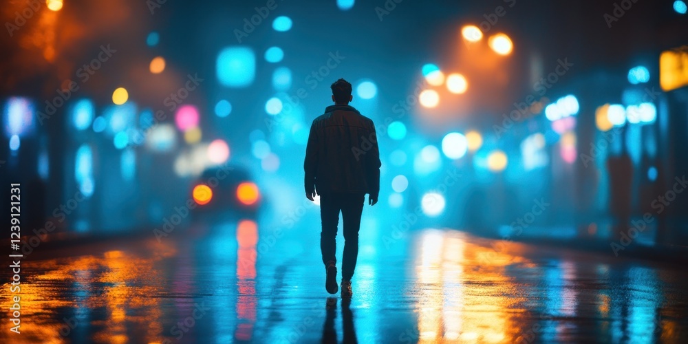 A solitary figure walks along a wet city street illuminated by colorful neon lights at night A solitary figure walks along a wet city street illuminated by colorful neon lights at night
