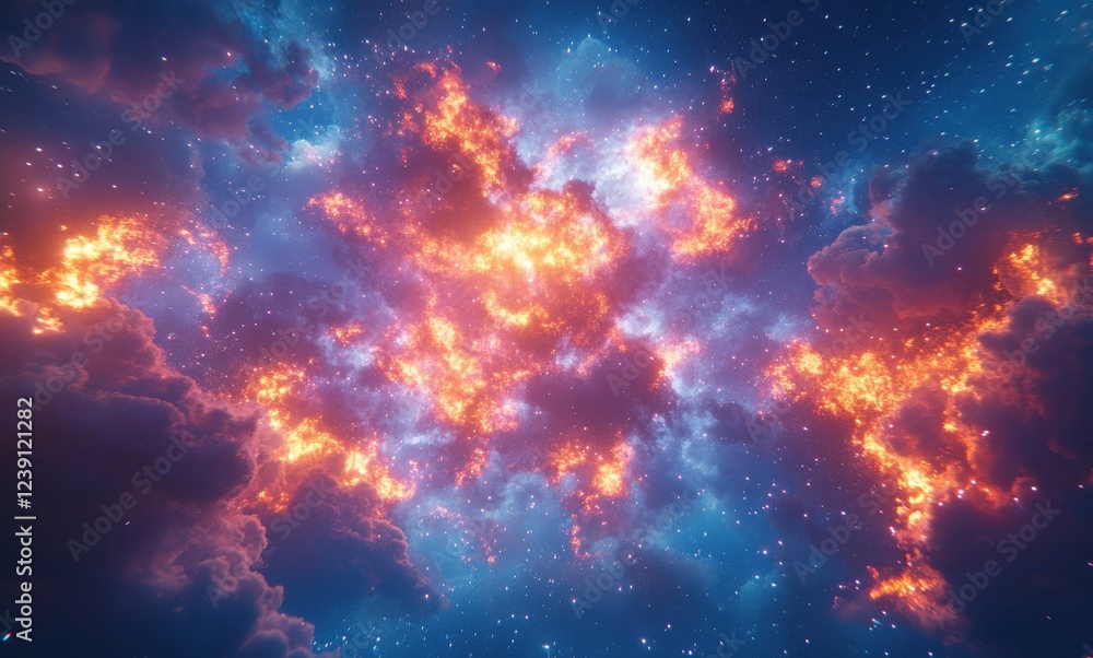 Fototapeta premium Cosmic Explosion of Colorful Gas Clouds Illuminating the Night Sky with Stars in a Stunning Display of Celestial Wonder and Beauty