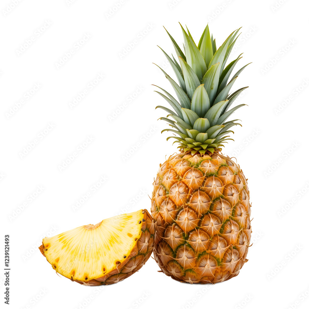 one Pineapple slice and one Pineapple full As well as isolated on white background
