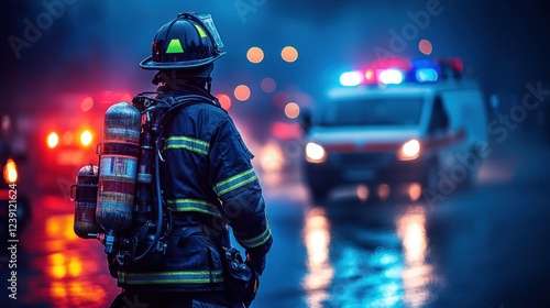 Firefighter stands in the rain, observing emergency vehicles responding at night with flashing lights