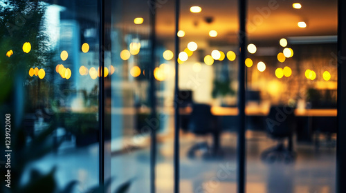 Modern office illuminated at night with soft ambient light and artistic blur