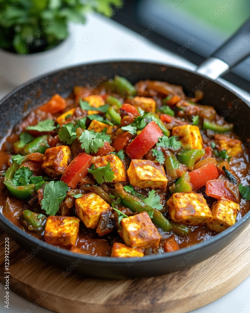 Delicious paneer masala with bell peppers and cilantro in a black pan on a wooden board Delicious paneer masala with bell peppers and cilantro in a black pan on a wooden board