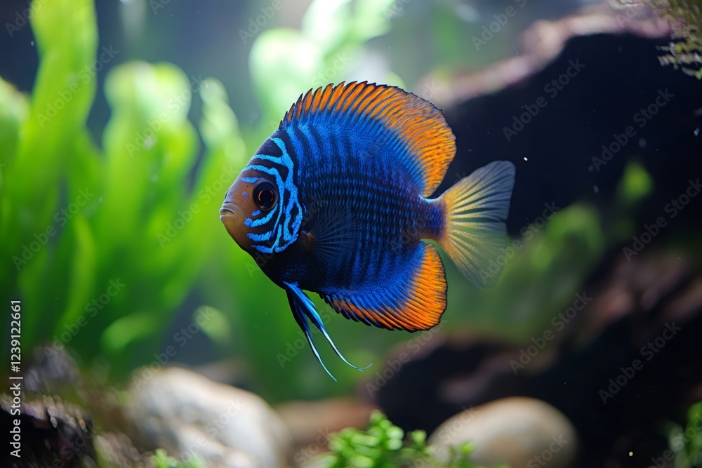 Discus fish swimming in a lush green aquarium Discus fish swimming in a lush green aquarium