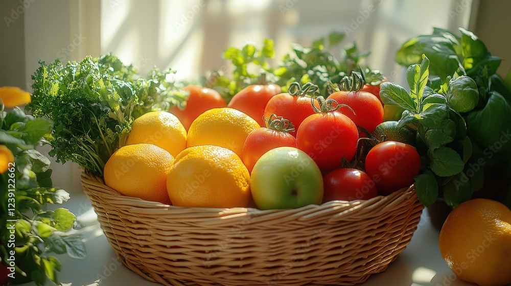 Freshly harvested fruits and vegetables arranged in a wicker basket on a sunlit table Freshly harvested fruits and vegetables arranged in a wicker basket on a sunlit table